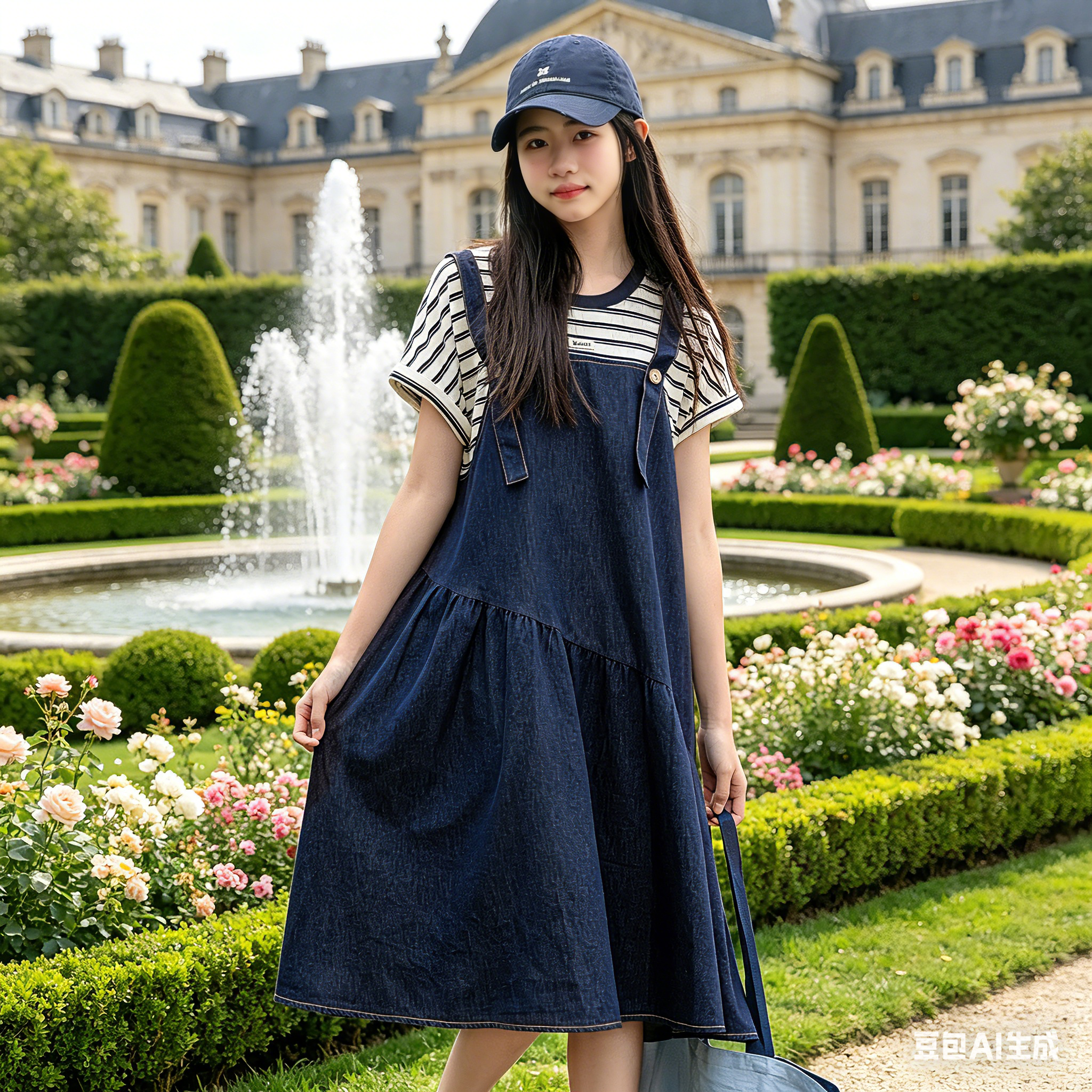 少女风假两件牛仔背带裙女夏装初中学生甜美显瘦A字连衣裙学院风