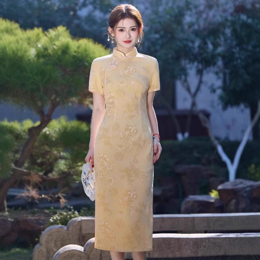 2026新款夏仿竹节麻提花中长款旗袍爆款小个子黄色国风女旗袍