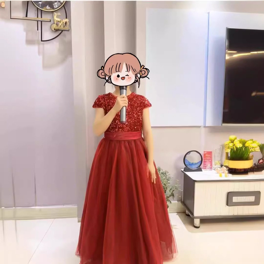 2026新款儿童公主裙洋气女童礼服花童生日演出服周岁主持人酒红晚