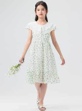 2026新款女童夏季翻领连衣裙荷叶边甜美碎花裙夏装中大童女装雪纺