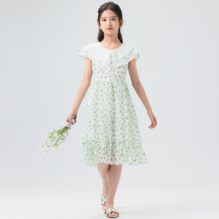 2026新款女童夏季翻领连衣裙荷叶边甜美碎花裙夏装中大童女装雪纺