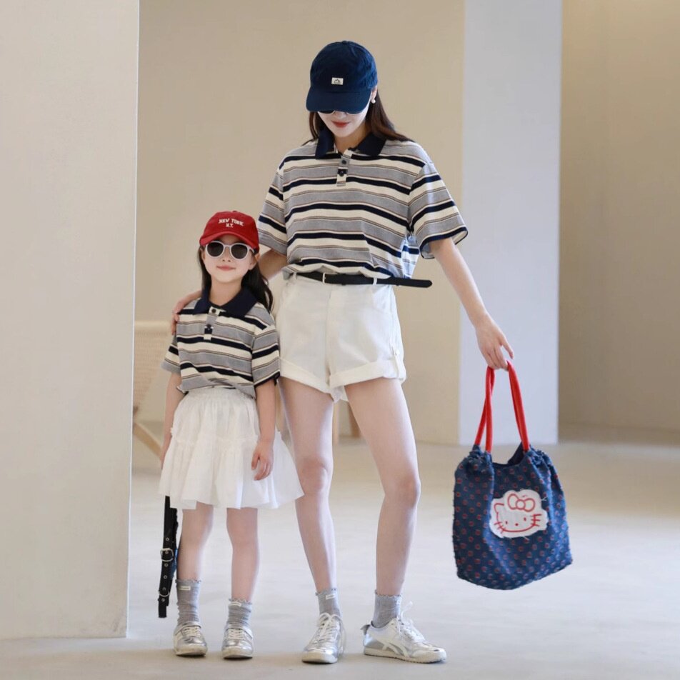 2026新款一起玩亲子装夏季母女母子POLO衫经典美式条纹上衣P