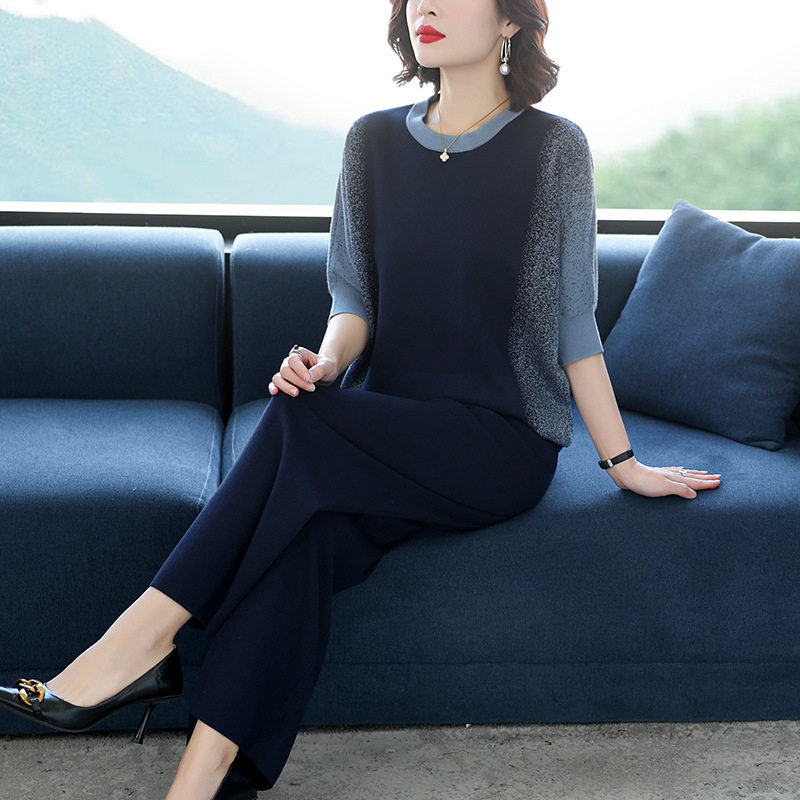 2025新款中年妈妈气质阔腿裤套装女春秋冰丝针织蝙蝠衫运动休