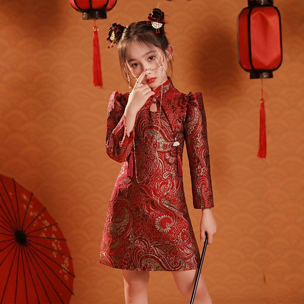 2026新款国潮风旗袍女童夏季儿童宝宝过年古筝夏季演出走秀礼服唐