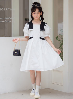 2026新款亲子装女童学院风连衣裙夏季女孩连衣裙中大童白色裙子棉