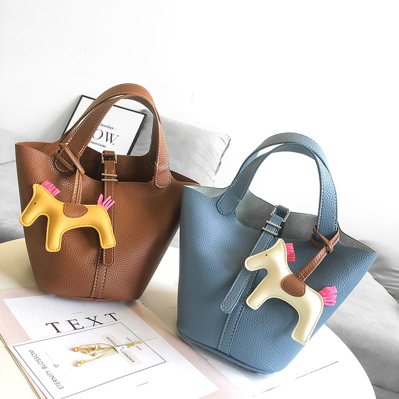 软品拎包菜篮子包水桶包欧美风2020新款荔枝纹子母包百搭手提女包