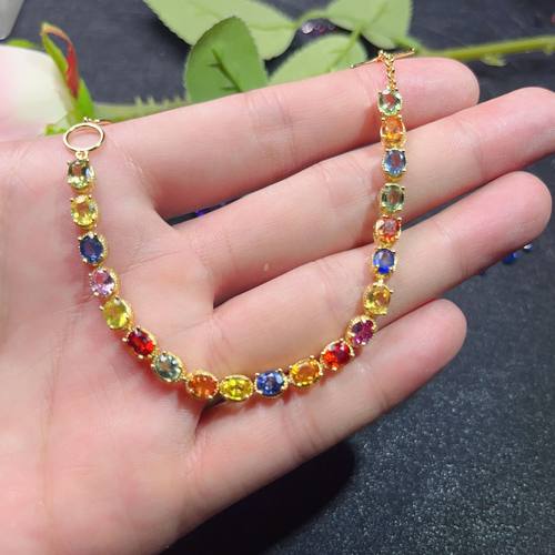 瑞耀925银天然彩色蓝宝石4*5手链女精工镶嵌可定制18k金轻奢女友