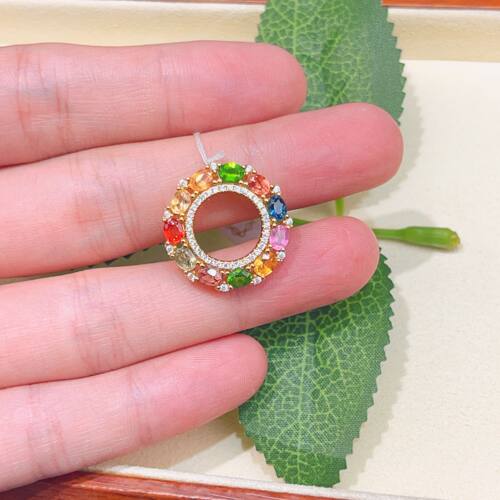 瑞耀珠宝彩色蓝宝石吊坠3*4S925银甜甜圈明艳镶金彩虹色通勤设计