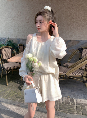 现货2024露肩休闲女夏季新款时尚洋气高端短裤套装3022-P125-K179