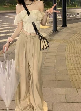 法式花边短款收腰鱼骨抹胸上衣女夏季辣妹气质一字肩阔腿裤两件套
