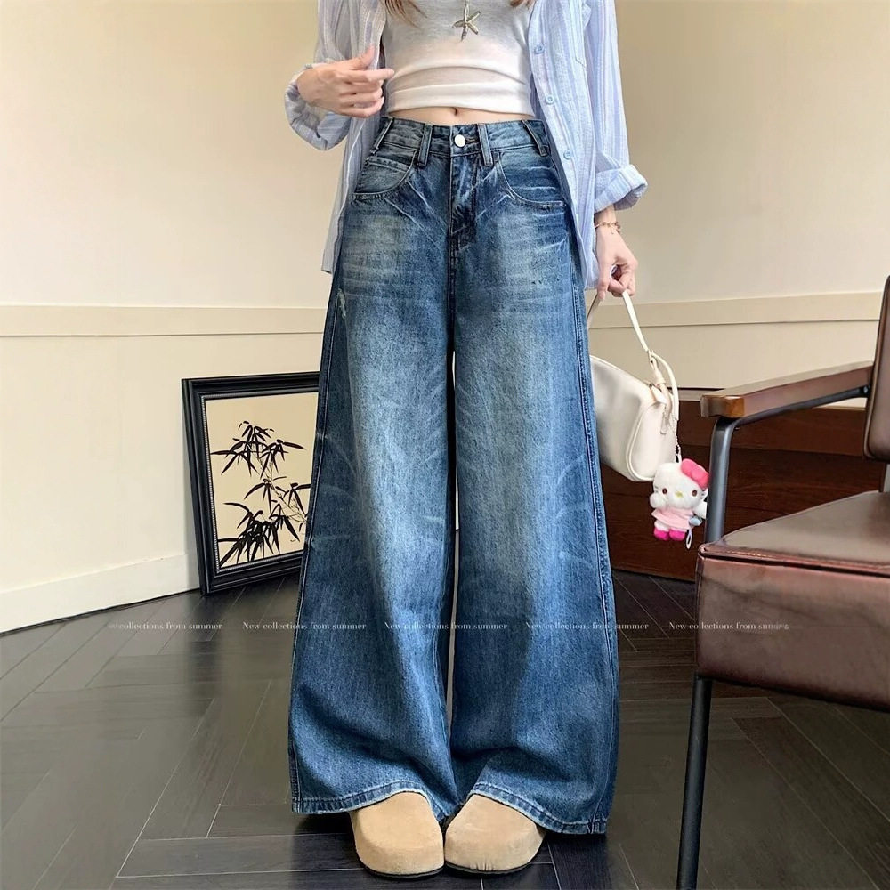 美式复古阔腿直筒牛仔裤女秋冬季牛仔裤