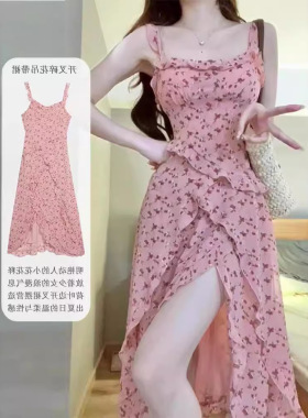 茶歇法式碎花连衣裙女夏2024新款收腰显瘦设计感小众荷叶边吊带裙