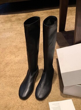 葡萄妈同款 时髦圆头柔软真皮弹力瘦瘦包腿靴百搭中筒靴女长筒靴