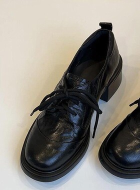 水洗二层牛皮版英伦复古圆头系带乐福鞋通勤百搭粗跟小皮鞋女单鞋