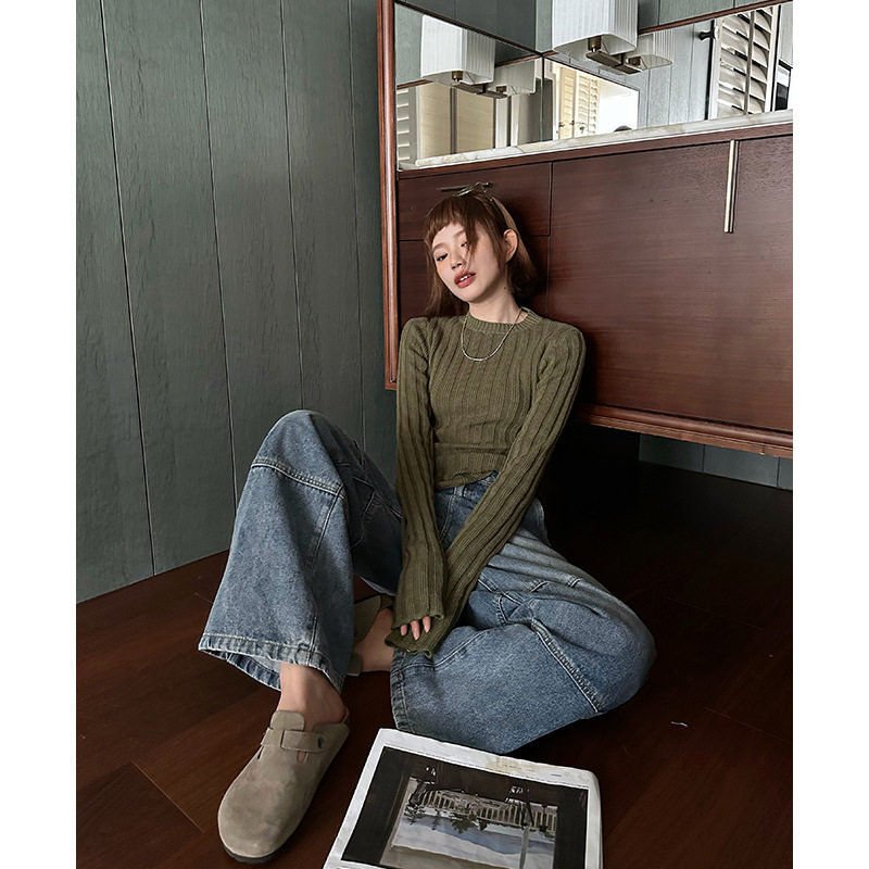 【电商专供】十三行秋绿色条纹针织衫毛衣修身显瘦打底女套头上衣,女装/女士精品,毛衣,淘宝优惠券,粉丝福利购,淘宝优惠卷