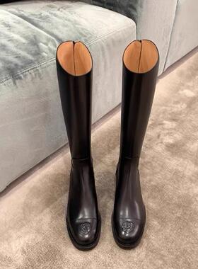 葡萄妈同款 版型绝了~冬季刺绣山茶花真皮后拉链高筒长靴女骑士靴