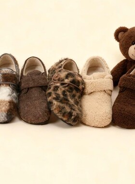 秋冬季网红时尚百搭外穿防滑平底勃肯鞋女复古撞色格子毛毛棉拖鞋