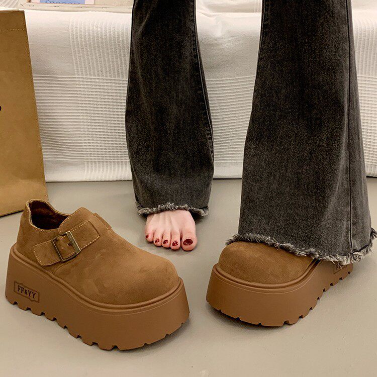小个子7cm增高厚底勃肯鞋女2025秋冬新款大头百搭乐福鞋加绒单鞋