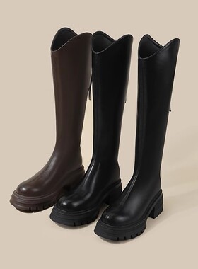 不过膝骑士靴子长筒靴女新款厚底马丁靴高筒2025秋冬款v口西部靴