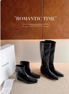 葡萄妈同款 5cm内增高极简小方头后拉链瘦瘦短靴女秋冬真皮中筒靴