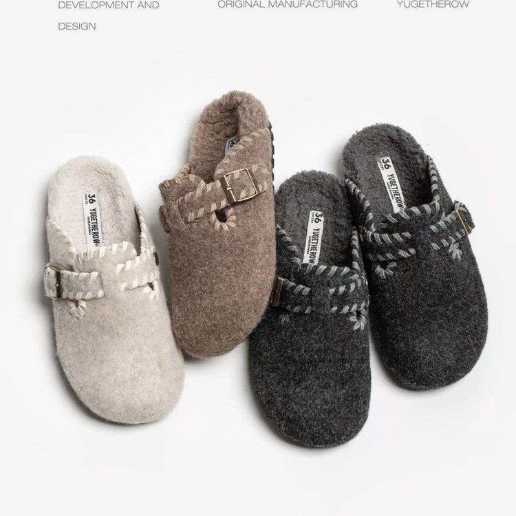 灰色毛呢勃肯鞋半拖毛毛鞋包头拖鞋女秋冬外穿2025新款厚底一脚蹬