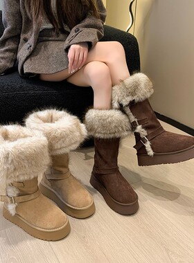 厚底长筒雪地靴女2025冬季新款两穿扣带加绒加厚高筒靴子灰色棉靴