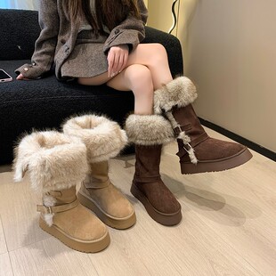 厚底长筒雪地靴女2025冬季新款两穿扣带加绒加厚高筒靴子灰色棉靴