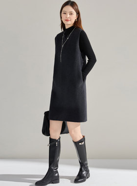 25冬高级感灰色羊绒天丝羊毛双面呢通勤直筒宽松无袖连衣裙15918