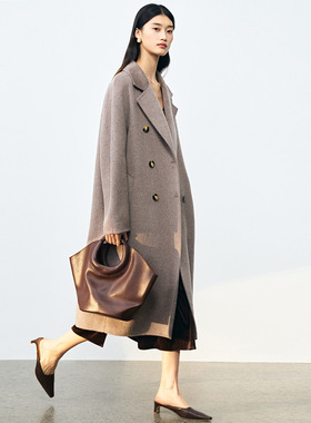 25秋冬新款宽松长毛大衣外套女中长款连肩袖翻领双面呢外套18330