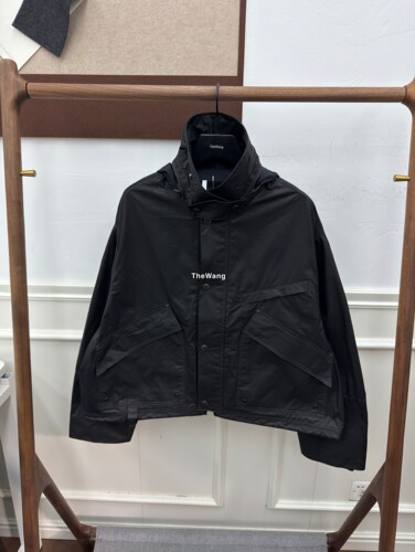Lema25FWraincoat黑色刷蜡涂层帽子可收纳飞行员夹克外套