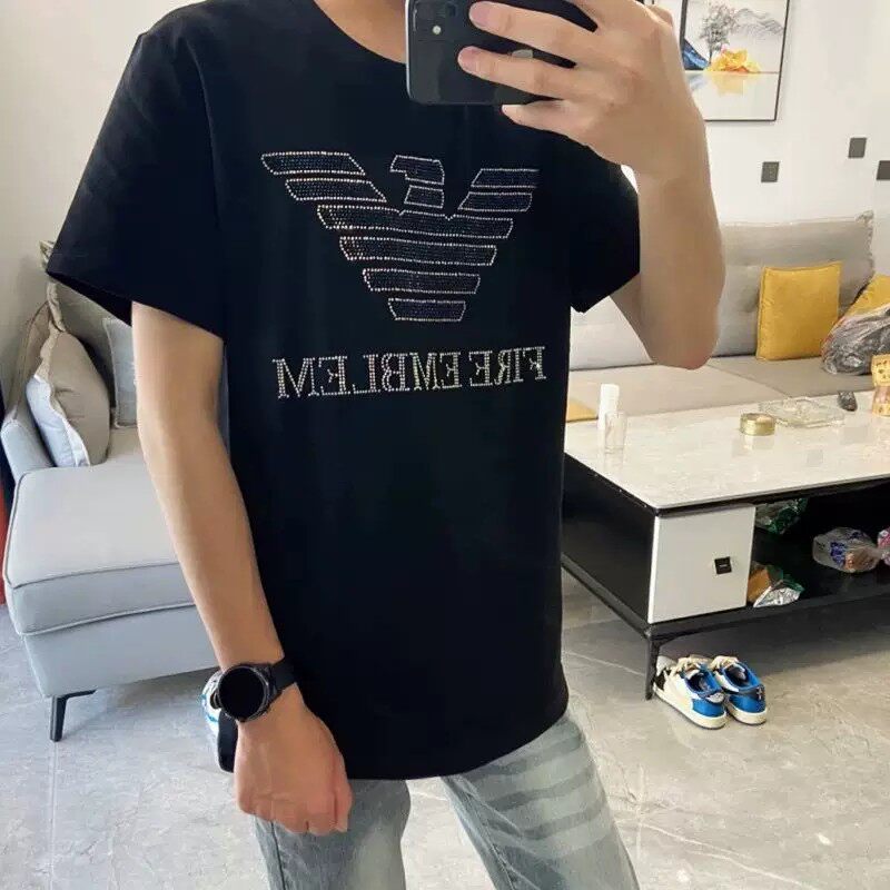美式烫钻短袖T恤男士重磅潮流夏季精神小伙上衣体恤休闲半袖衣服