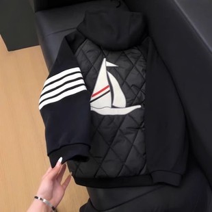 欧美高街秋冬季帆船刺绣连帽棒球服开衫男网红三道杠情侣夹克潮牌