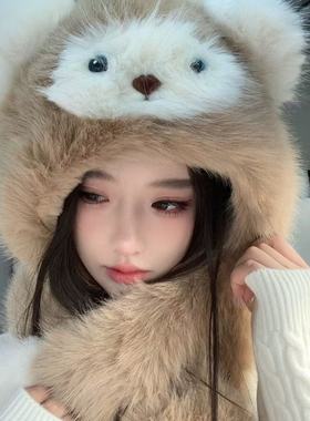 冬季新款可爱暹罗猫毛绒绒套头帽子女加厚防寒保暖围脖一体雷锋帽