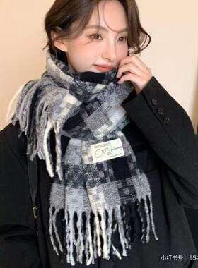 秋冬氛围编织格纹流苏保暖围巾男女情侣加大加厚长款围脖披肩保暖