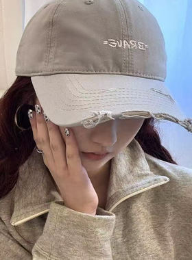 软顶棒球帽女春夏季韩版显脸小破洞时尚遮阳帽子百搭做旧鸭舌帽