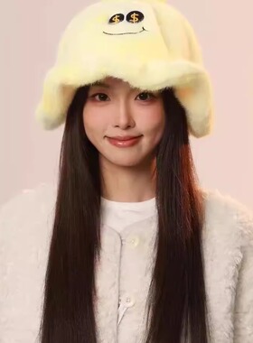 可爱钱袋子毛绒渔夫帽女2025新款秋冬保暖护耳显脸小套头大檐盆帽