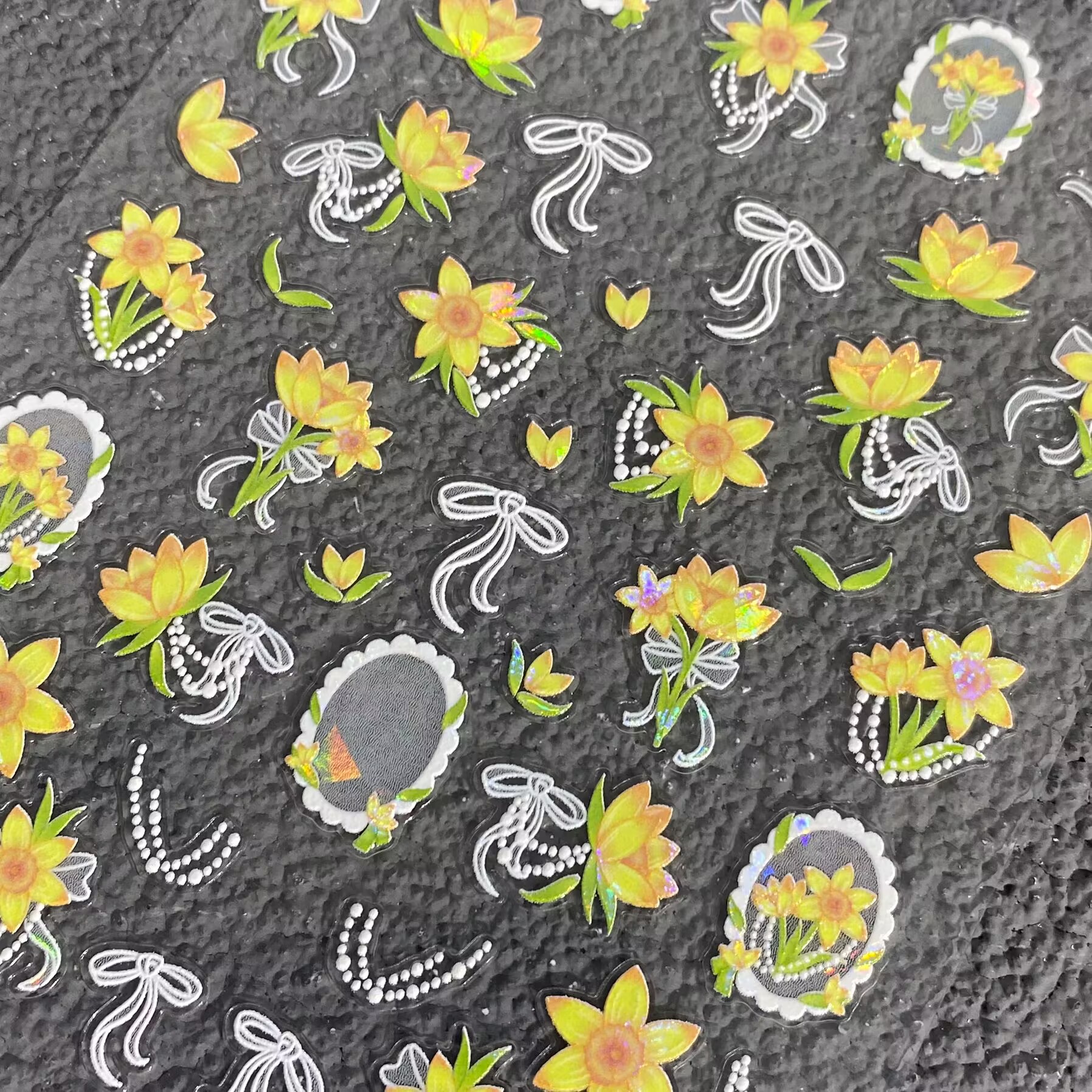 油画风向日葵美甲贴纸浮雕贝壳光飘带蝴蝶结背胶防水指甲贴装饰品图片