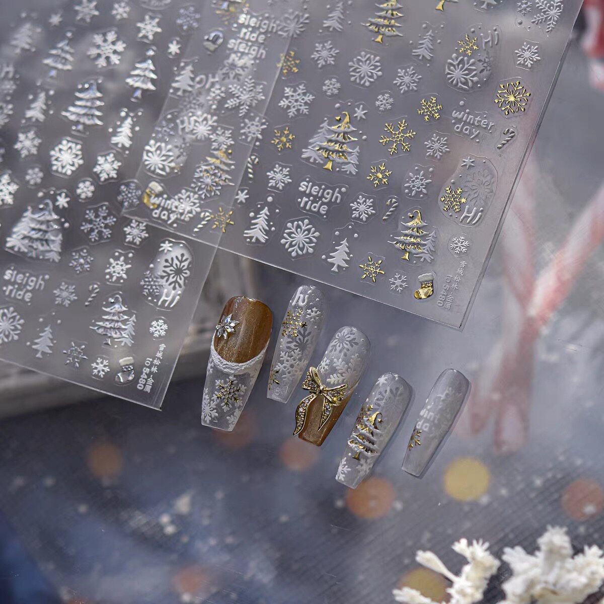 烫金银色圣诞树雪花美甲贴纸