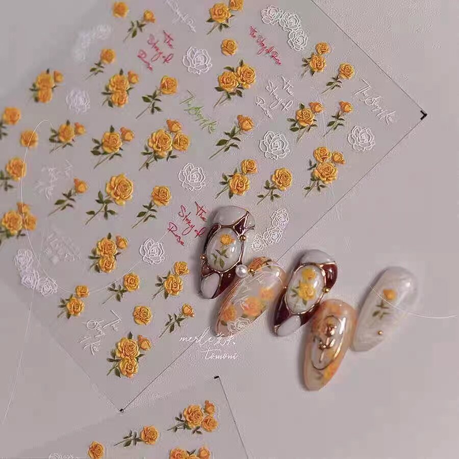 唯美黄色系玫瑰蝴蝶美甲贴纸