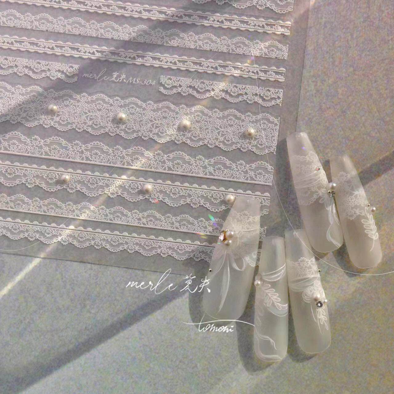 黑白蕾丝美甲贴纸tomoni珍珠晶钻日系背胶5d网红新款指甲贴花装饰