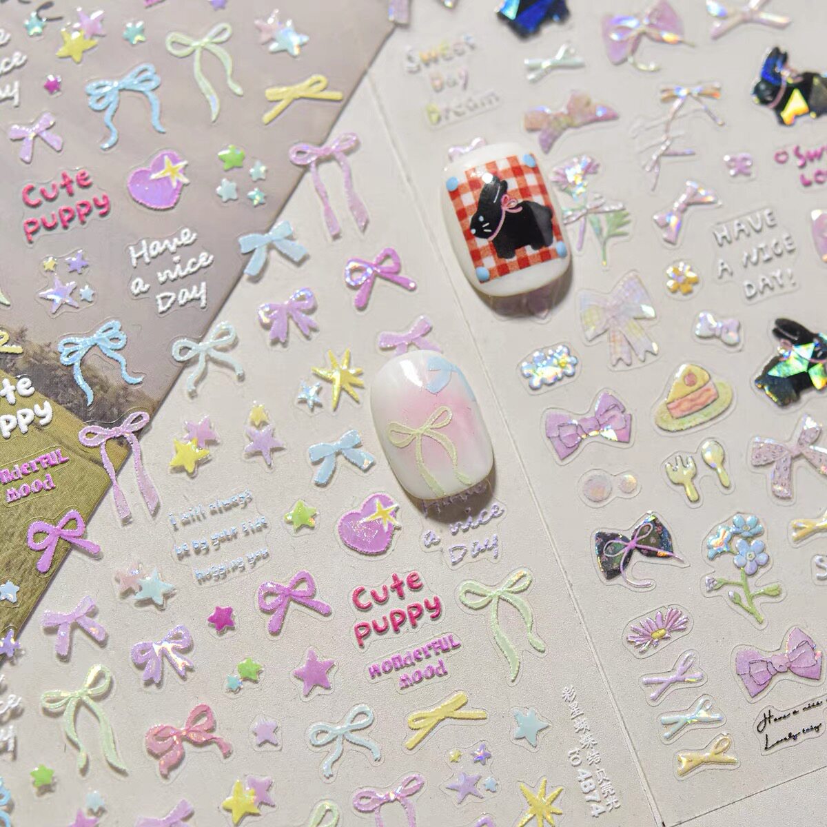 贝壳光彩色蝴蝶结美甲贴纸少女心飘带蝴蝶结背胶防水指甲贴装饰品