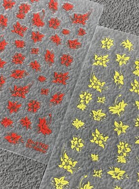 新款红黄色牡丹花美甲贴纸浮雕立体简约手绘花卉背胶防水指甲装饰