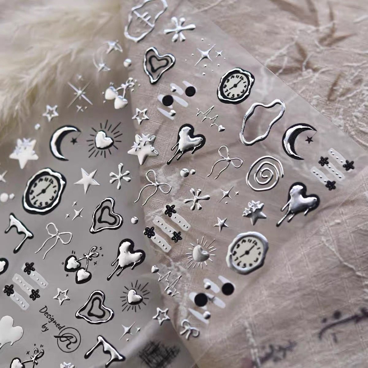 银色液态星月美甲贴纸甜酷辣妹风爱心蝴蝶结新款背胶指甲贴装饰品