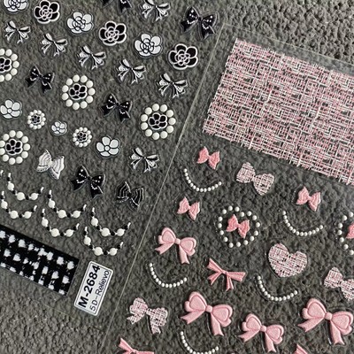 黑白小香风毛呢蝴蝶结美甲贴纸