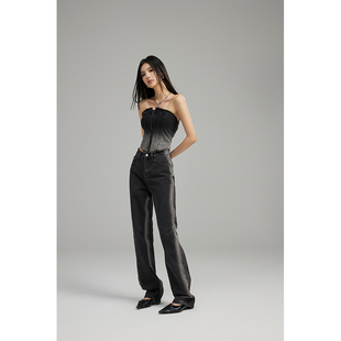 GVCJ高个子加长黑灰色渐变牛仔裤显瘦女宽松设计感新款拖地直筒裤