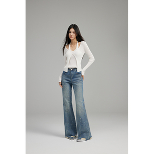 GVCJ高个子加长带钻毛边低腰宽松微喇叭牛仔裤新款2024气质拖地裤