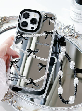 WEEK小众黑色蝴蝶结珍珠苹果16镜面三合一手机壳女iPhone15适用13补妆镜14Pro防摔保护套12软边硬背11全包