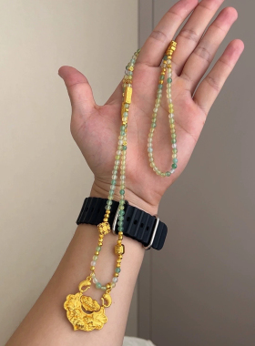 古法鉴刻锦鲤如意锁碧绿圆珠项链2024年新款古典气质平安锁毛衣款