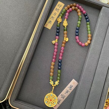 新中式法式祖绿圆珠吊牌项链多圈古法手工彩色