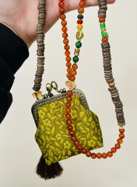 长款圆珠菩提籽斜挎拼接项链新中式刺绣挎包原创特色百搭配饰